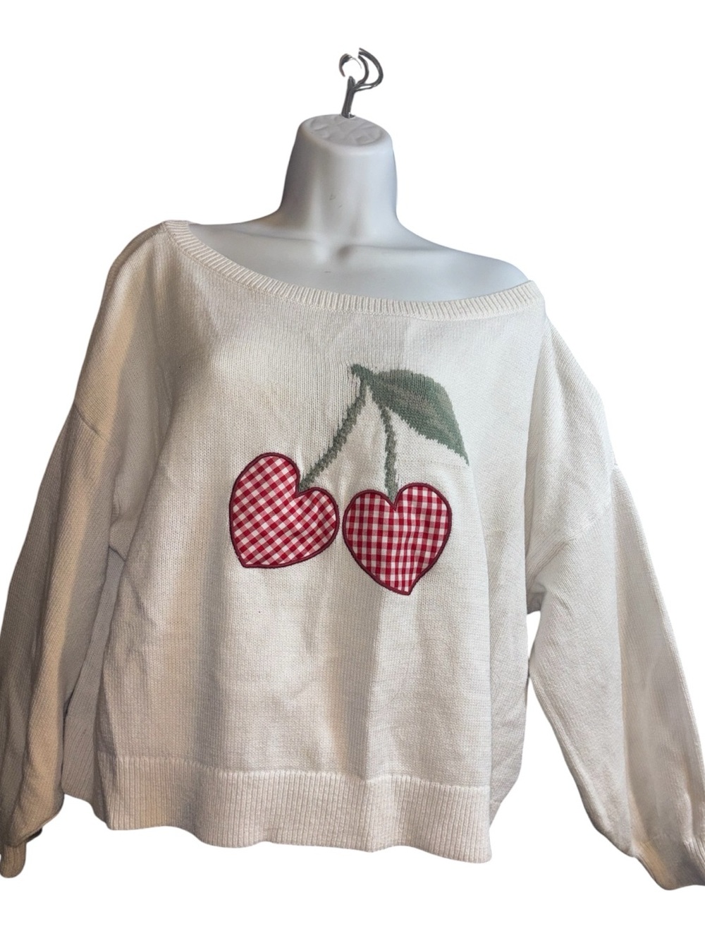 Hollister Cream Off-Shoulder Sweater with Red Gingham Cherry Appliqués